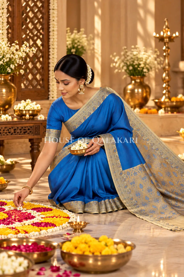 Blue Jamewaar Work Banarasi Silk Saree with Ivory Zari Border and Pallu