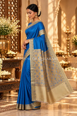 Blue Jamewaar Work Banarasi Silk Saree with Ivory Zari Border and Pallu