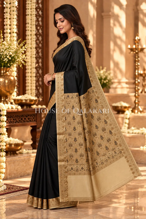 Black Jamewaar Work Banarasi Silk Saree with Ivory Zari Border and Pallu