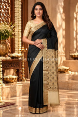Black Jamewaar Work Banarasi Silk Saree with Ivory Zari Border and Pallu