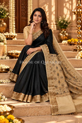 Black Jamewaar Work Banarasi Silk Saree with Ivory Zari Border and Pallu