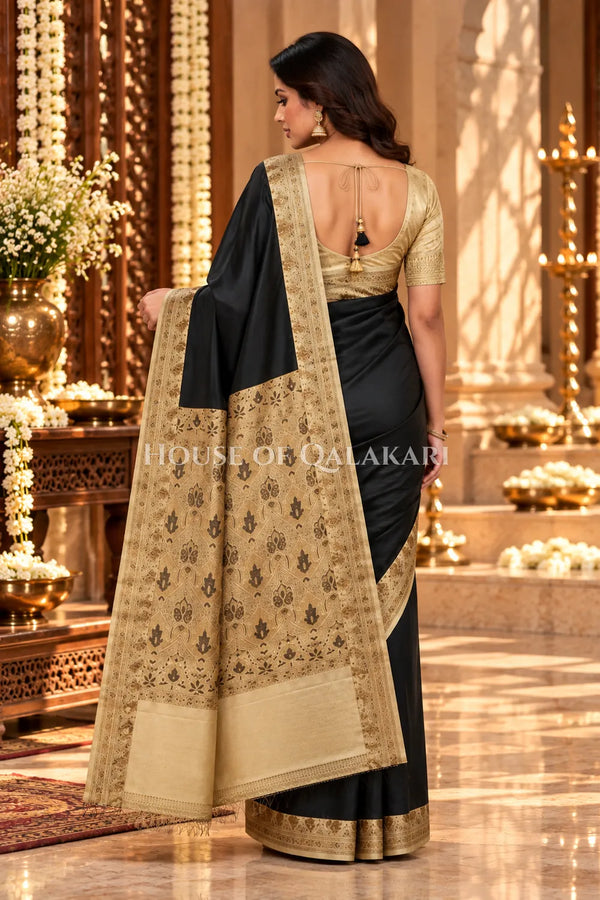 Black Jamewaar Work Banarasi Silk Saree with Ivory Zari Border and Pallu