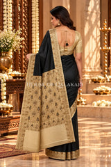 Black Jamewaar Work Banarasi Silk Saree with Ivory Zari Border and Pallu