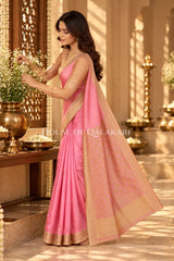 Soft Pink Jamewaar Work Banarasi Silk Saree with Ivory Zari Border and Pallu
