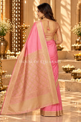Soft Pink Jamewaar Work Banarasi Silk Saree with Ivory Zari Border and Pallu