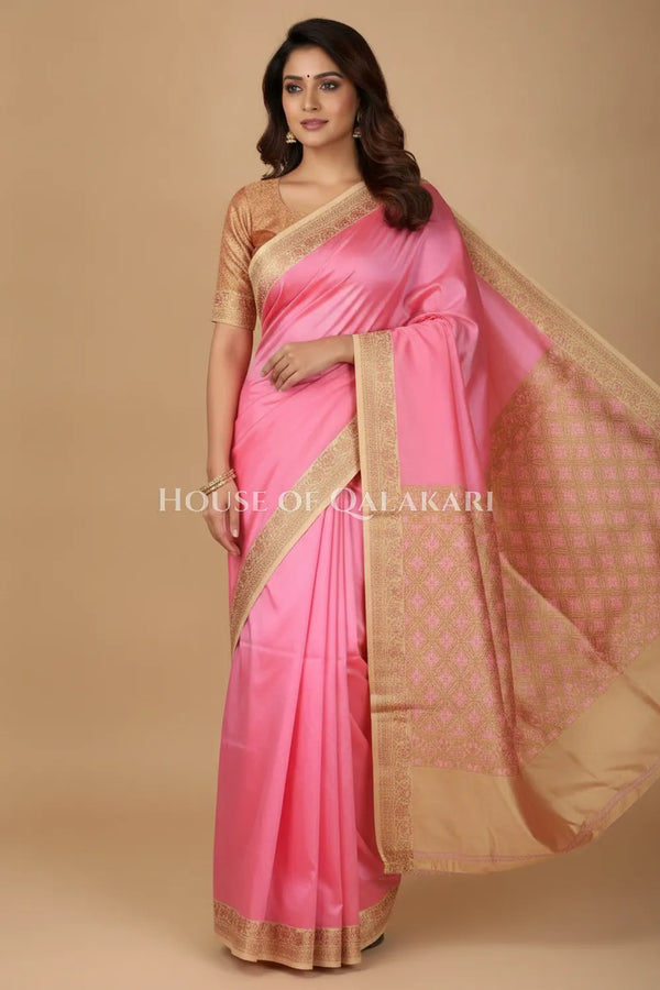 Soft Pink Jamewaar Work Banarasi Silk Saree with Ivory Zari Border and Pallu