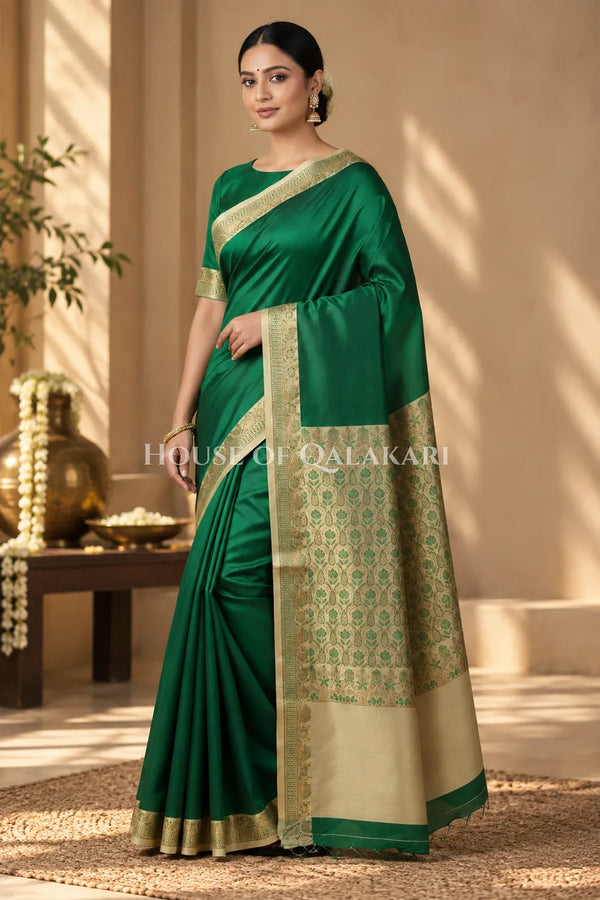 Green Jamewaar Work Banarasi Silk Saree with Ivory Zari Border and Pallu