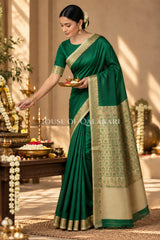 Green Jamewaar Work Banarasi Silk Saree with Ivory Zari Border and Pallu