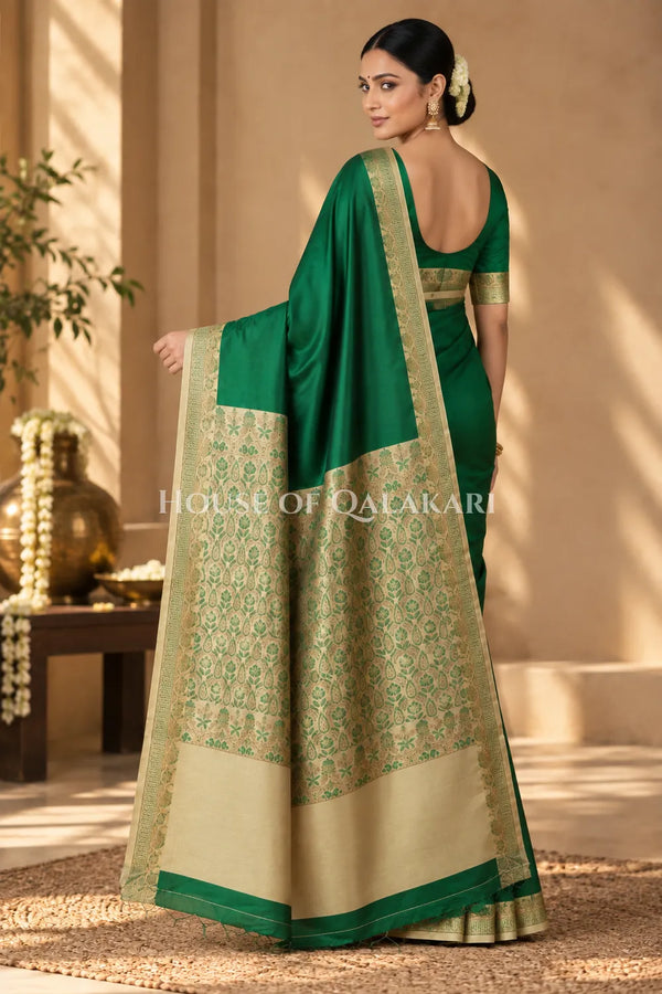 Green Jamewaar Work Banarasi Silk Saree with Ivory Zari Border and Pallu