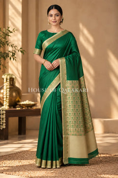 Green Jamewaar Work Banarasi Silk Saree with Ivory Zari Border and Pallu