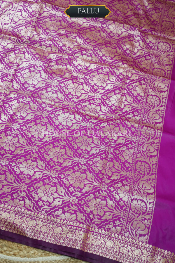 Banarasi Silk Jamewaar Saree in Magenta with Zari Butis & Floral Jaal Pallu
