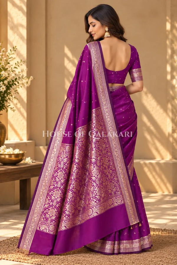 Banarasi Silk Jamewaar Saree in Magenta with Zari Butis & Floral Jaal Pallu
