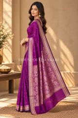 Banarasi Silk Jamewaar Saree in Magenta with Zari Butis & Floral Jaal Pallu