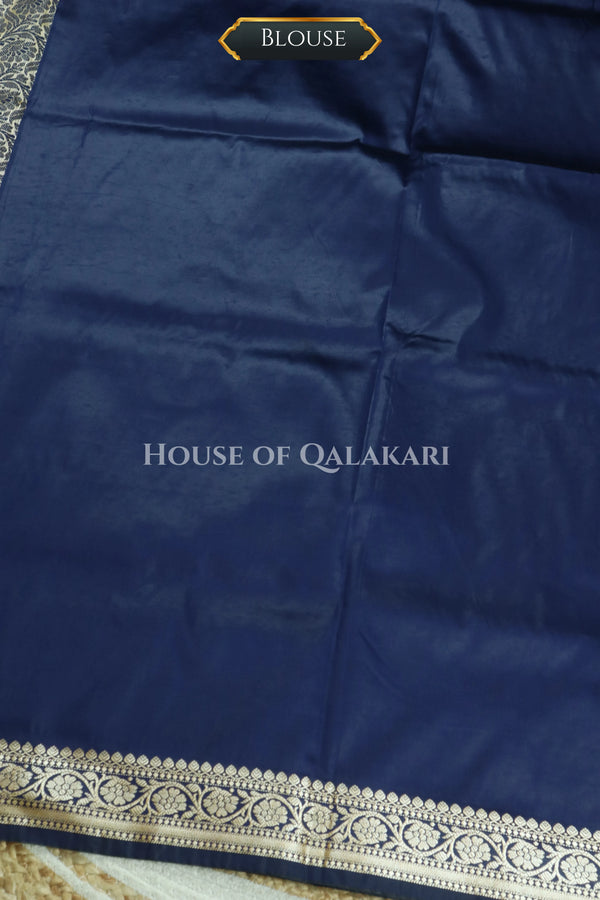 Banarasi Silk Jamewaar Saree in Navy Blue with Zari Butis & Floral Jaal Pallu