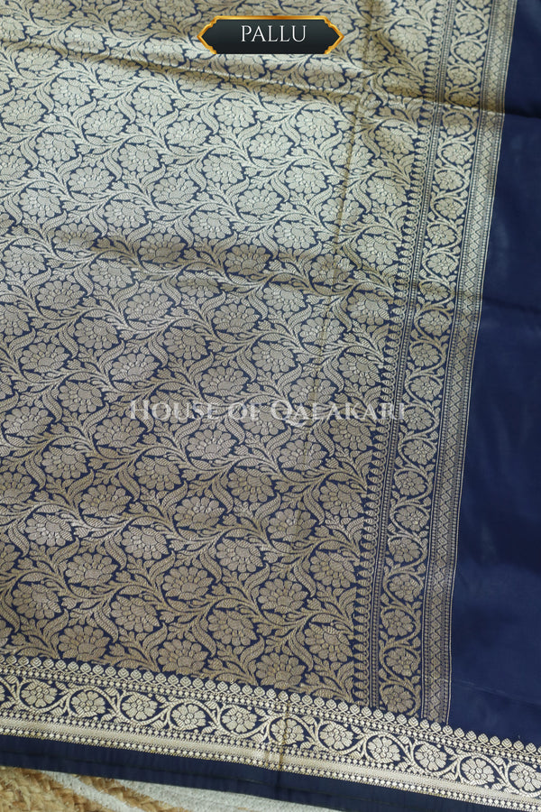 Banarasi Silk Jamewaar Saree in Navy Blue with Zari Butis & Floral Jaal Pallu