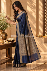 Banarasi Silk Jamewaar Saree in Navy Blue with Zari Butis & Floral Jaal Pallu