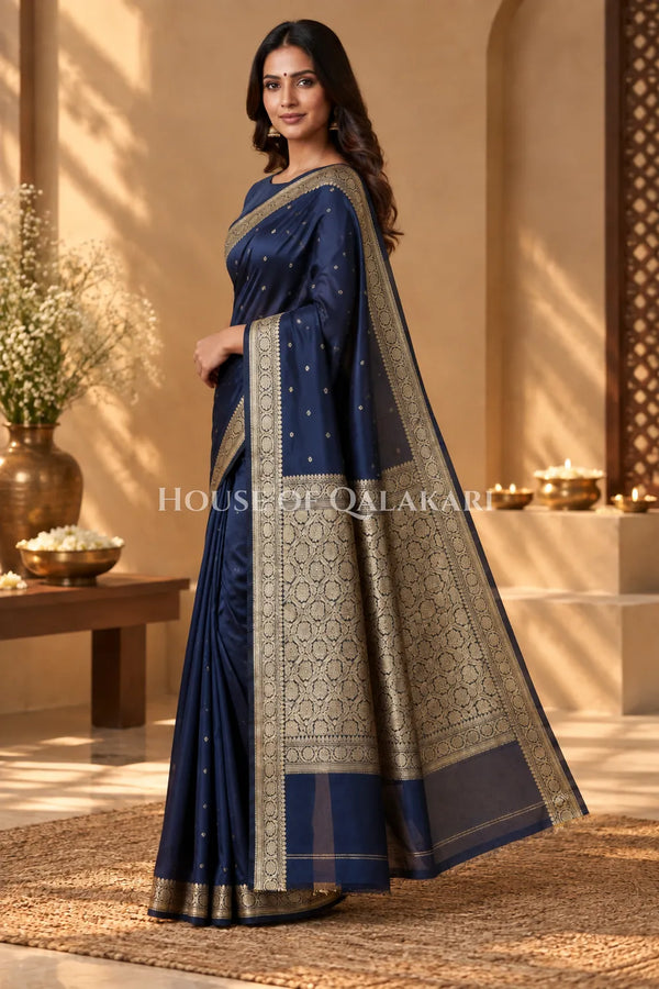 Banarasi Silk Jamewaar Saree in Navy Blue with Zari Butis & Floral Jaal Pallu