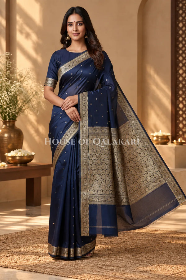Banarasi Silk Jamewaar Saree in Navy Blue with Zari Butis & Floral Jaal Pallu