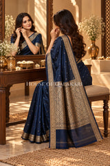 Banarasi Silk Jamewaar Saree in Navy Blue with Zari Butis & Floral Jaal Pallu
