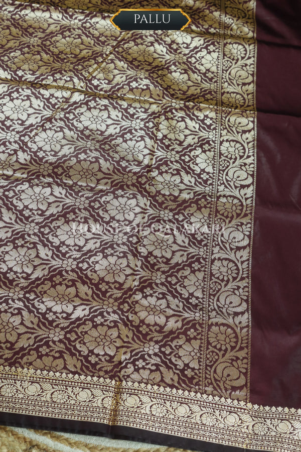 Banarasi Silk Jamewaar Saree in Chocolate Brown with Zari Butis & Floral Jaal Pallu
