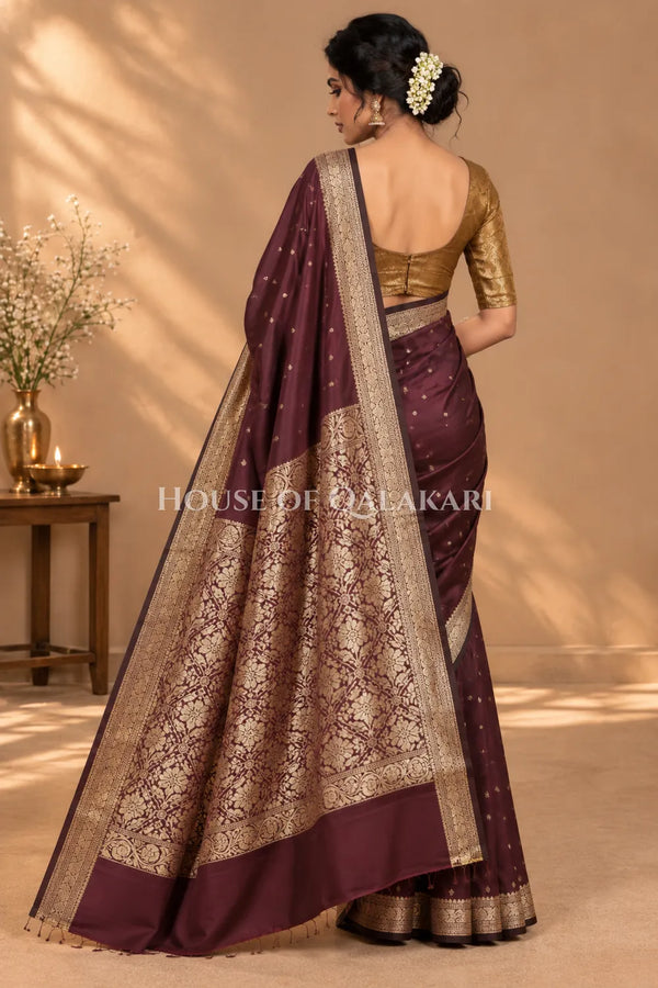 Banarasi Silk Jamewaar Saree in Chocolate Brown with Zari Butis & Floral Jaal Pallu
