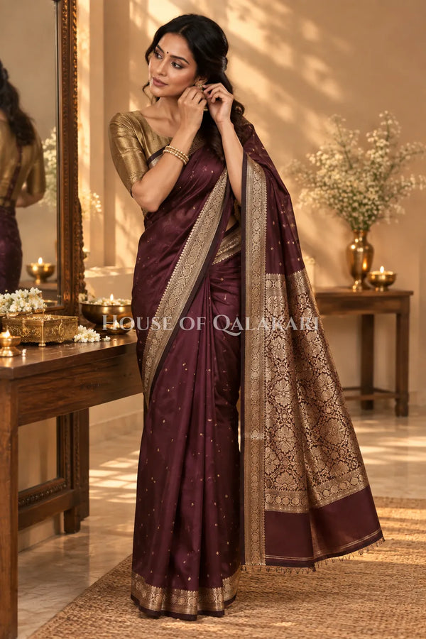 Banarasi Silk Jamewaar Saree in Chocolate Brown with Zari Butis & Floral Jaal Pallu