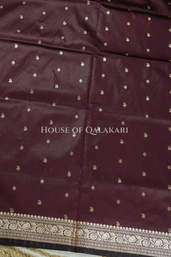 Banarasi Silk Jamewaar Saree in Chocolate Brown with Zari Butis & Floral Jaal Pallu