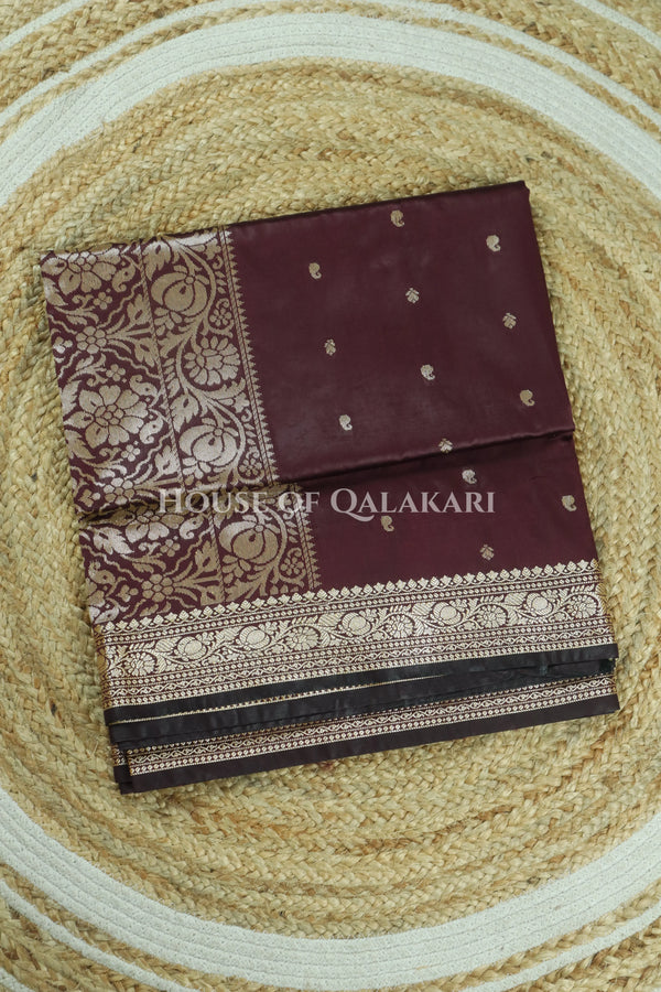 Banarasi Silk Jamewaar Saree in Chocolate Brown with Zari Butis & Floral Jaal Pallu