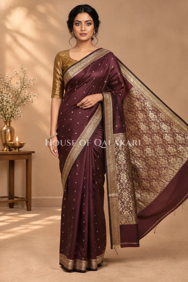 Banarasi Silk Jamewaar Saree in Chocolate Brown with Zari Butis & Floral Jaal Pallu