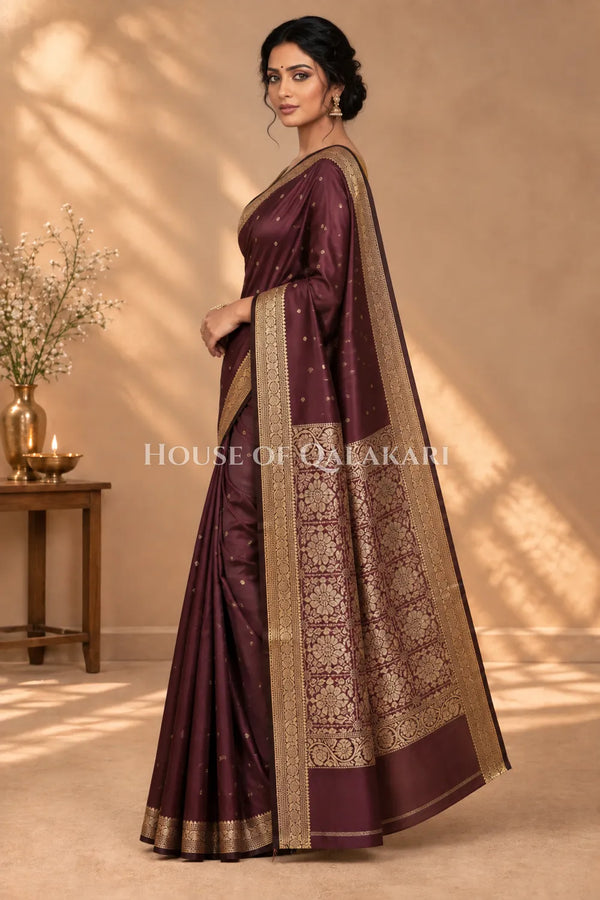 Banarasi Silk Jamewaar Saree in Chocolate Brown with Zari Butis & Floral Jaal Pallu