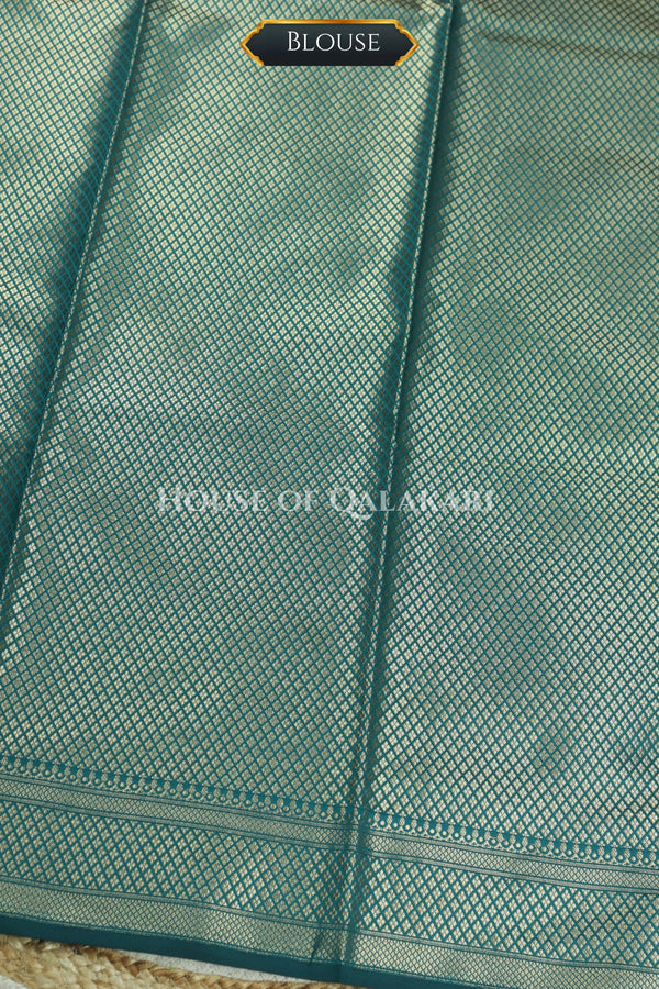 Banarasi Silk Saree in Teal Blue with Dual-Tone Zari Butis & Floral Jaal Pallu