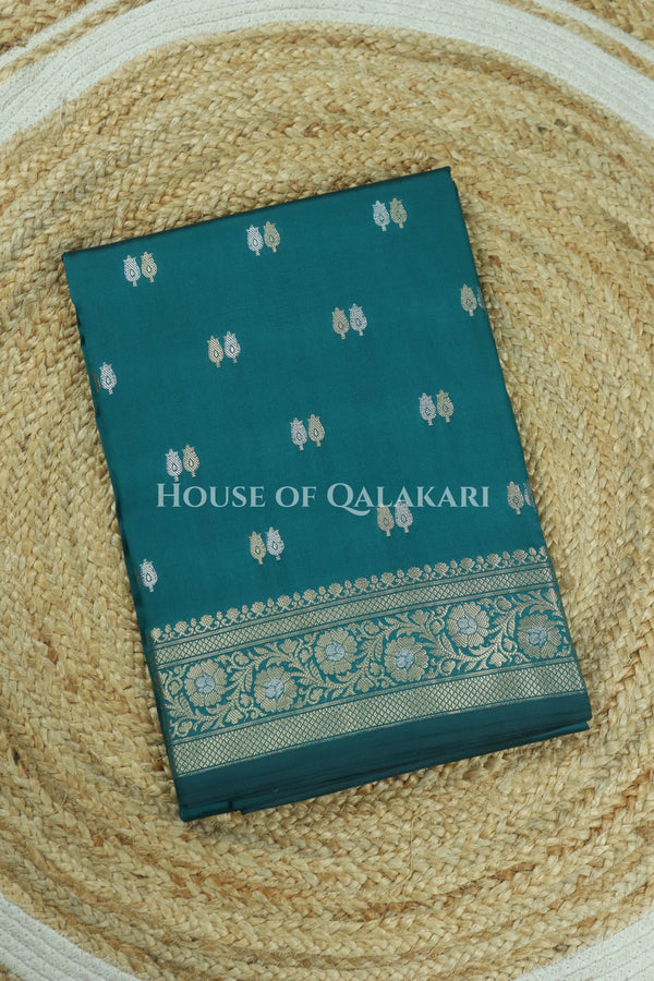 Banarasi Silk Saree in Teal Blue with Dual-Tone Zari Butis & Floral Jaal Pallu