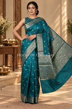 Banarasi Silk Saree in Teal Blue with Dual-Tone Zari Butis & Floral Jaal Pallu