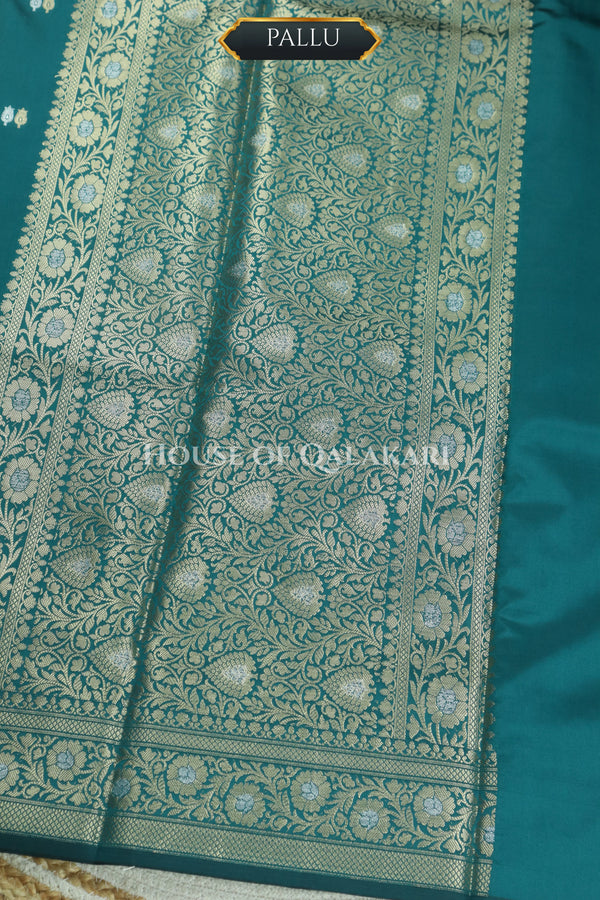 Banarasi Silk Saree in Teal Blue with Dual-Tone Zari Butis & Floral Jaal Pallu