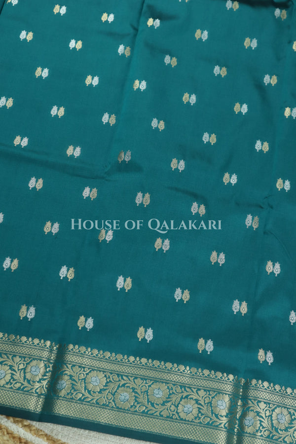 Banarasi Silk Saree in Teal Blue with Dual-Tone Zari Butis & Floral Jaal Pallu