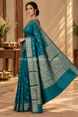 Banarasi Silk Saree in Teal Blue with Dual-Tone Zari Butis & Floral Jaal Pallu