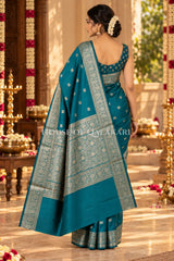 Banarasi Silk Saree in Teal Blue with Dual-Tone Zari Butis & Floral Jaal Pallu