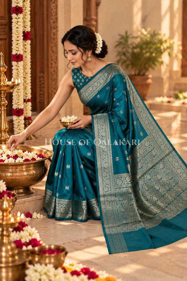 Banarasi Silk Saree in Teal Blue with Dual-Tone Zari Butis & Floral Jaal Pallu