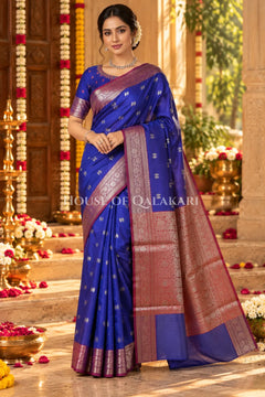 Banarasi Silk Saree in Royal Blue with Dual-Tone Zari Butis & Floral Jaal Pallu