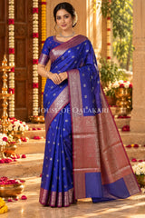 Banarasi Silk Saree in Royal Blue with Dual-Tone Zari Butis & Floral Jaal Pallu