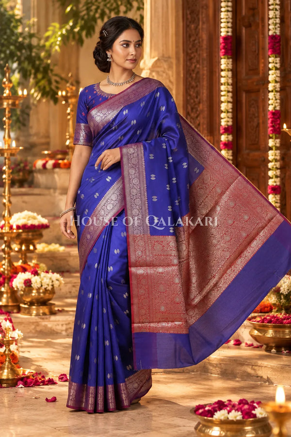 Banarasi Silk Saree in Royal Blue with Dual-Tone Zari Butis & Floral Jaal Pallu