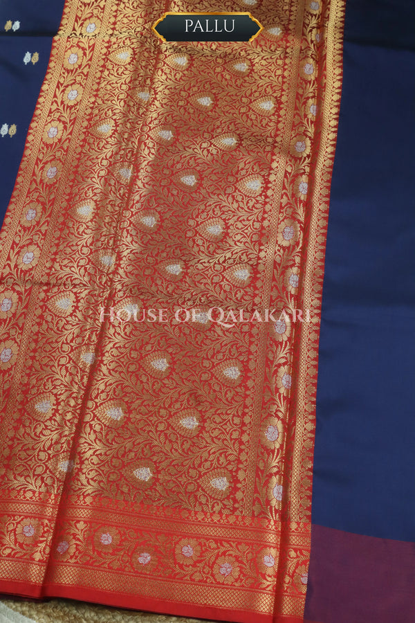 Banarasi Silk Saree in Navy Blue with Dual-Tone Zari Butis & Floral Jaal Pallu