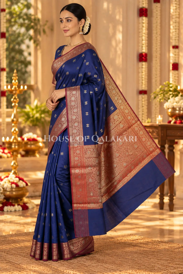 Banarasi Silk Saree in Navy Blue with Dual-Tone Zari Butis & Floral Jaal Pallu