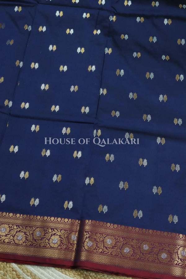 Banarasi Silk Saree in Navy Blue with Dual-Tone Zari Butis & Floral Jaal Pallu