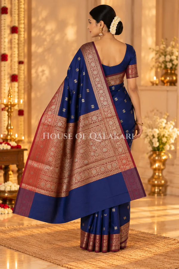 Banarasi Silk Saree in Navy Blue with Dual-Tone Zari Butis & Floral Jaal Pallu