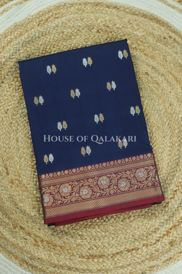 Banarasi Silk Saree in Navy Blue with Dual-Tone Zari Butis & Floral Jaal Pallu