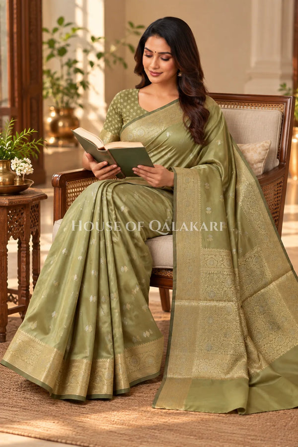 Banarasi Silk Saree in Light Khaki Green with Dual-Tone Zari Butis & Floral Jaal Pallu
