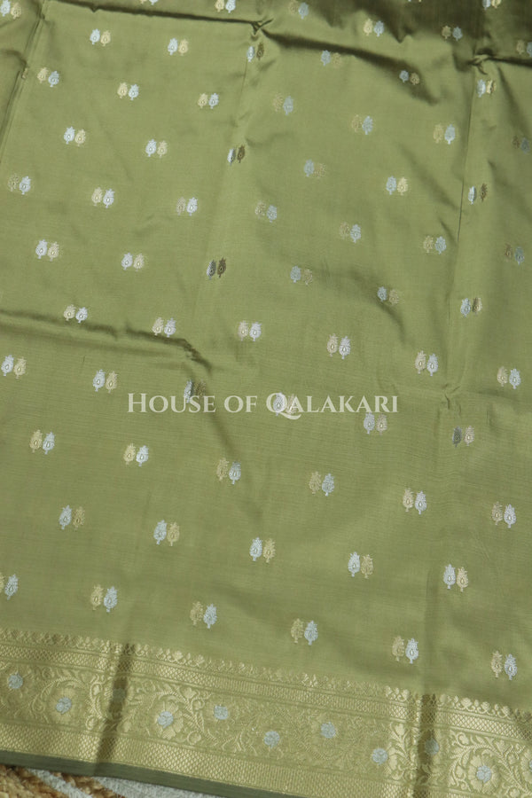 Banarasi Silk Saree in Light Khaki Green with Dual-Tone Zari Butis & Floral Jaal Pallu