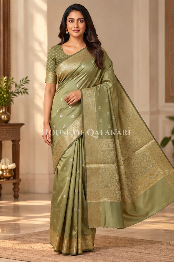 Banarasi Silk Saree in Light Khaki Green with Dual-Tone Zari Butis & Floral Jaal Pallu