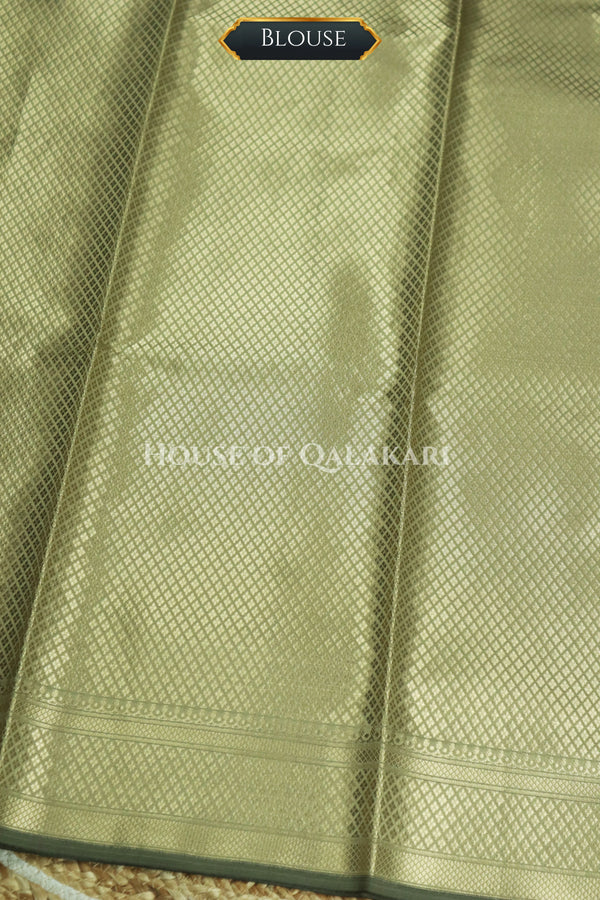 Banarasi Silk Saree in Light Khaki Green with Dual-Tone Zari Butis & Floral Jaal Pallu